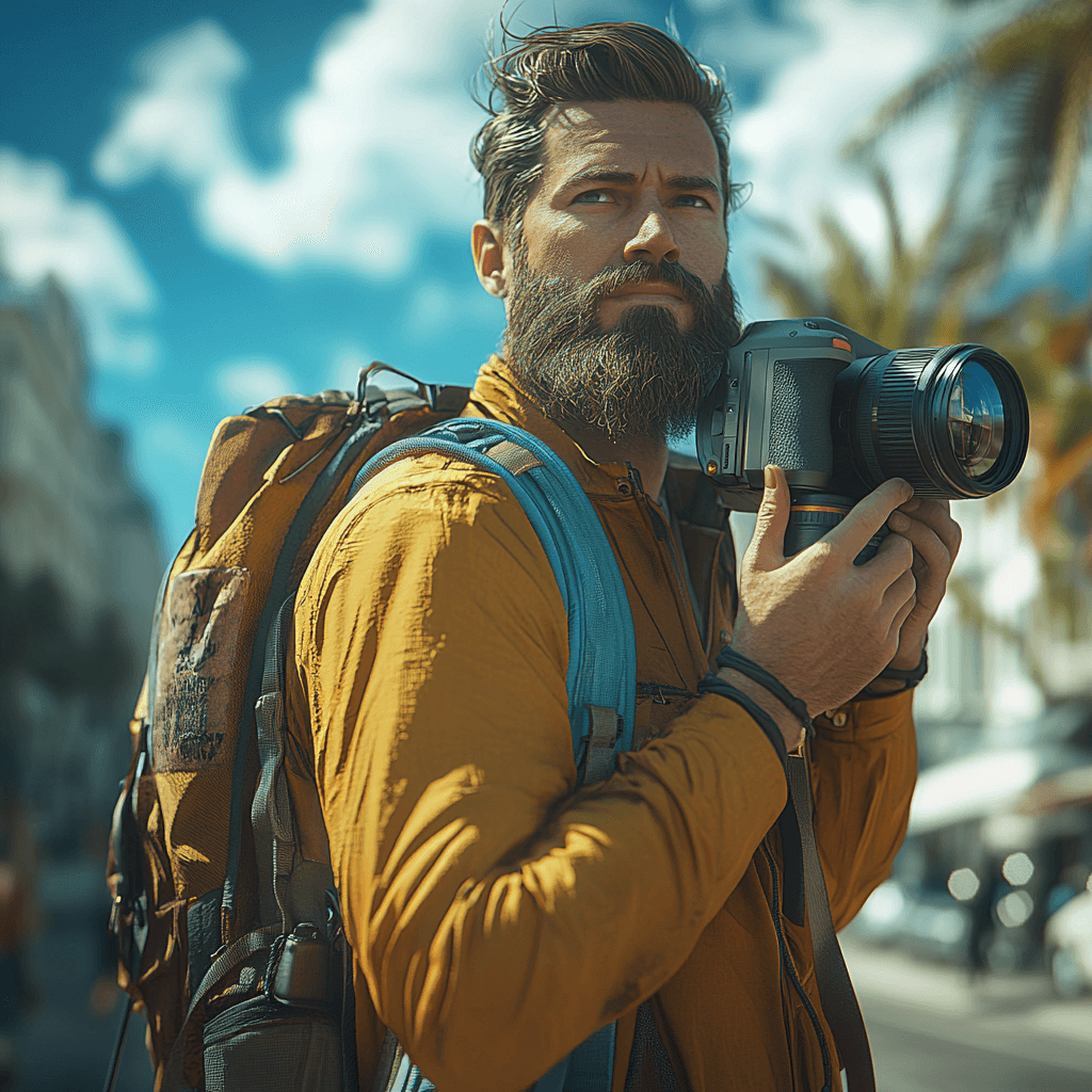 a man with a beard holding a camera
